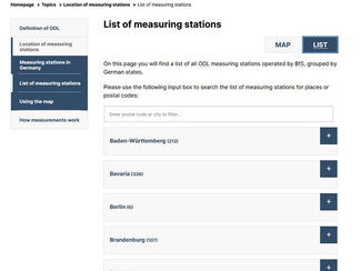 Screenshot of list of ODL measuring stations